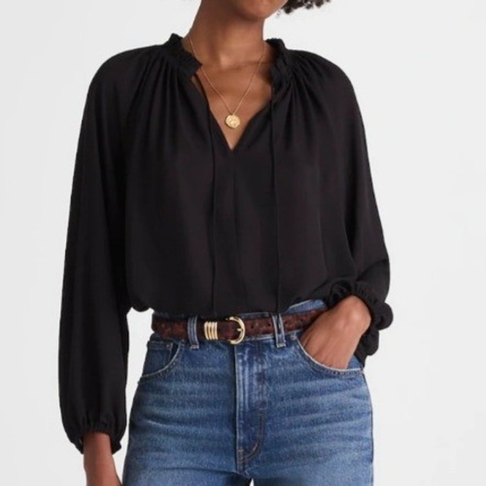 Madewell Long-Sleeve Tie-Neck Top Blouse Jet‎ Black NY328 Womens Small NWT